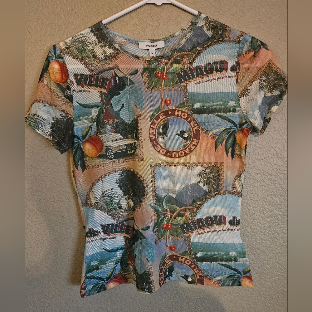 Miaou Scenic Collage Short Sleeve Tee in Blue, Green & Peach